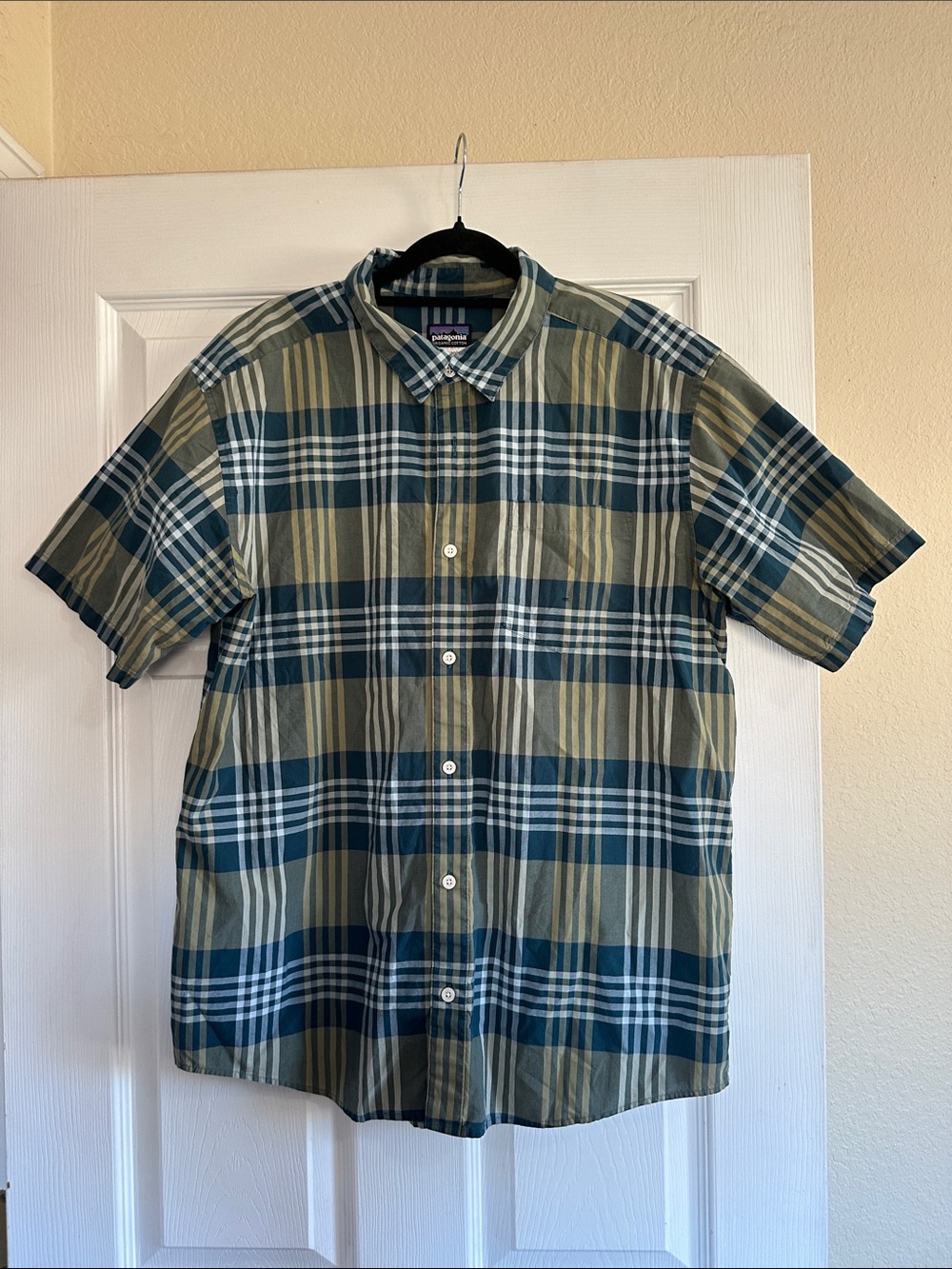 Patagonia Plaid Short-Sleeve Button-Up Shirt in Olive and Blue